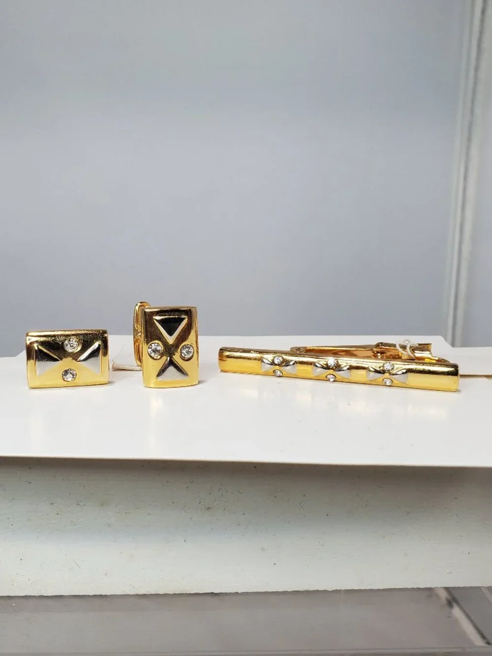 Vintage 14K Gold-Plated Brass & Rhinestone Tie Clip & Cufflinks 3-Piece Set